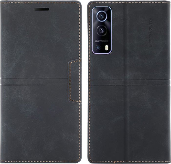 Coque Portefeuille Pour Vivo V21 5G - Cuir PU Et TPU - Porte-cartes, Fermeture Magnétique, Support Intégré - Noir