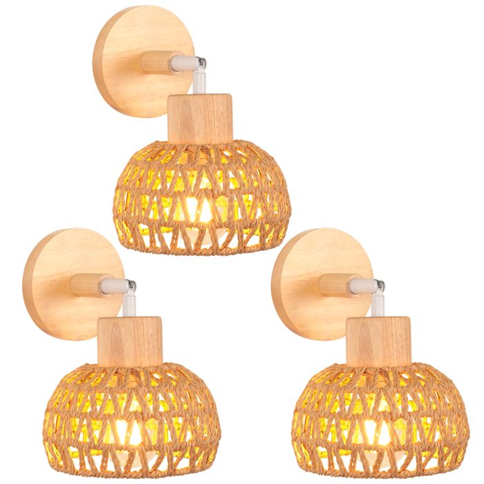 IDEGU 3pcs Lampe Murale Intérieure Rétro Applique Murale en Rotin et Bois Ajustable Luminaire Plafonnier Style-D Rotin Brun Ø15cm
