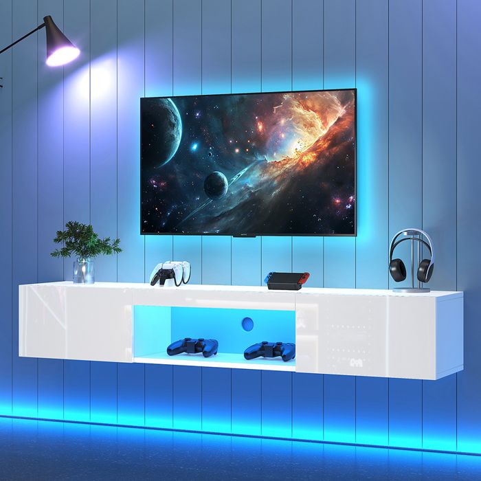 Meuble TV Armoire murale blanche brillante pour TV 70 pouces avec éclairage LED contrôle Bluetooth APP Support TV mural
