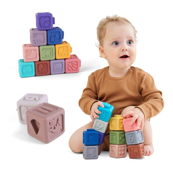 Cubes déveil - SUPERBE BEBE - Empilables - Silicone sans BPA - Développement sensoriel - 6 mois+