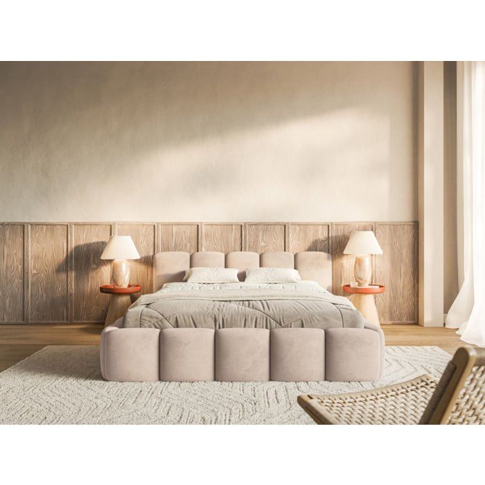 Lit rembourré – Cloudy Low – 160x200 cm – beige – velours hydrophobe