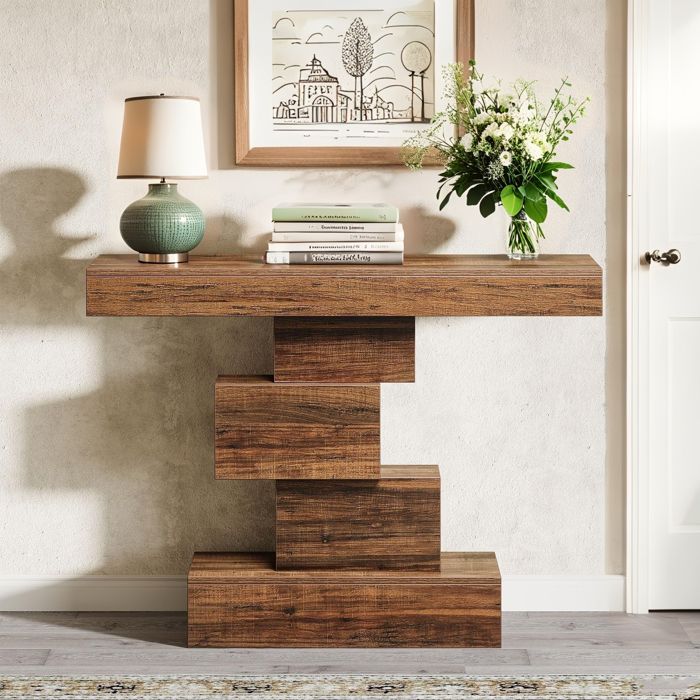 Console table dentrée 108 x 30 x 80 cm base géométrique texture grain de bois marron