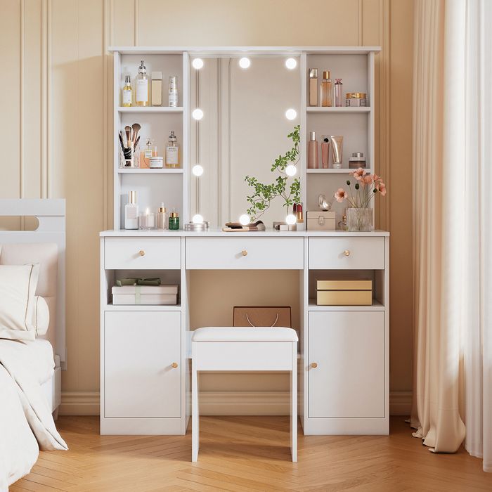 Coiffeuse LED Miroir + tabouret - 3 tiroirs + 2 portes 151×110×40 cm Coiffeuse LED Miroir + tabouret - 3 tiroirs + 2 portes 151×110×40 cm