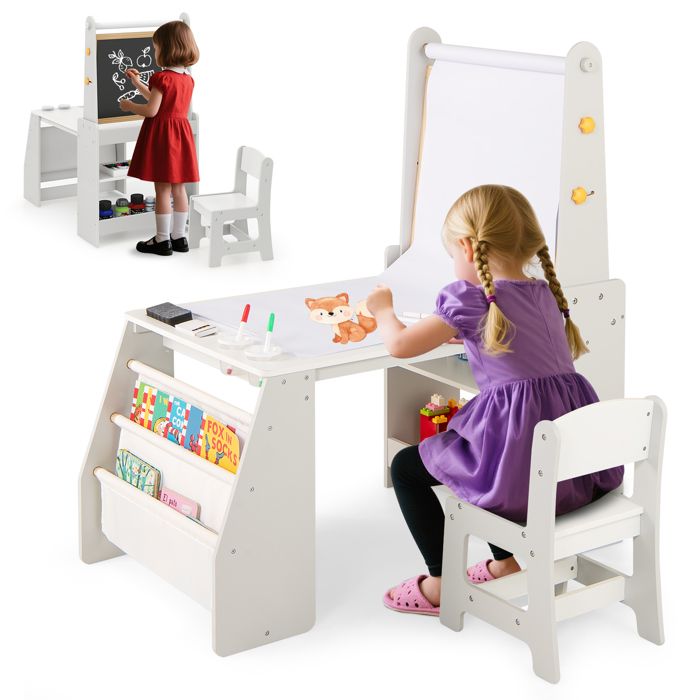 COSTWAY Table Enfant avec Chevalet 3 en 1 et Chaise - Tableau Blanc et Noir Rouleau de Papier 2 Étagères Ouvertes et 2 Niveaux COSTWAY Table Enfant avec Chevalet 3 en 1 et Chaise - Tableau Blanc et Noir Rouleau de Papier 2 Étagères Ouvertes et 2 Niveaux
