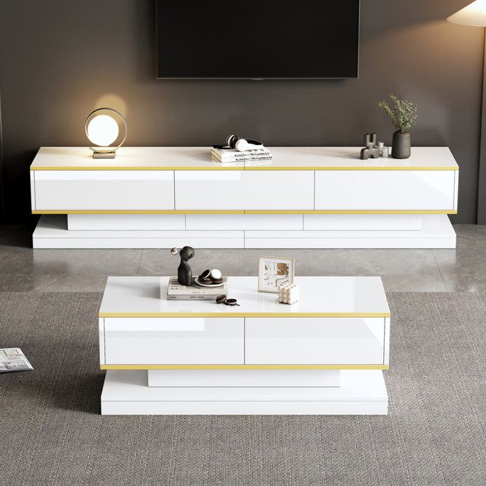 Ensemble moderne blanc brillant TV meuble avec 3 tiroirs+table basse avec 2 tiroirs pour le salon meuble TV et table basse