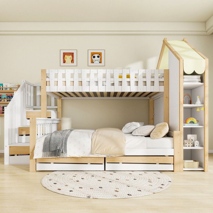 Lit superposé - Design féerique - 90x200cm+140x200cm - Blanc+Naturel ...