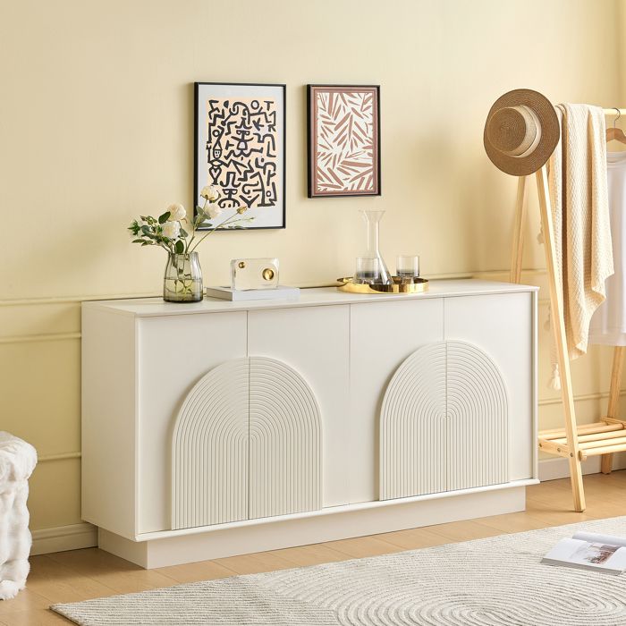 Buffet moderne 160 x 38 x 80 cm - Avec 4 portes - Décoration incurvée - MDF - Blanc Buffet moderne 160 x 38 x 80 cm - Avec 4 portes - Décoration incurvée - MDF - Blanc