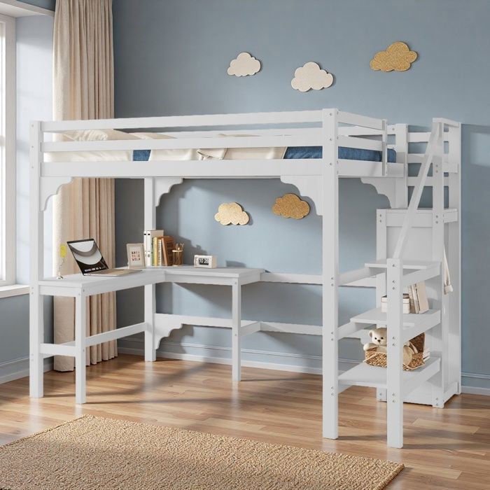 Lit mezzanine enfant 140 x 200 cm ZUBALIYA - avec 6 tiroirs, bureau et rangement sous le lit