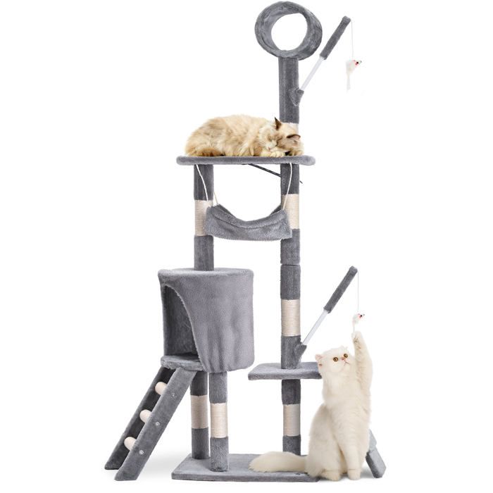 Meilleurs prix pour VOUNOT® Arbre à chat 155cm multi niveaux gris - avec griffoir niche jouet et plateforme - arbre à grimper