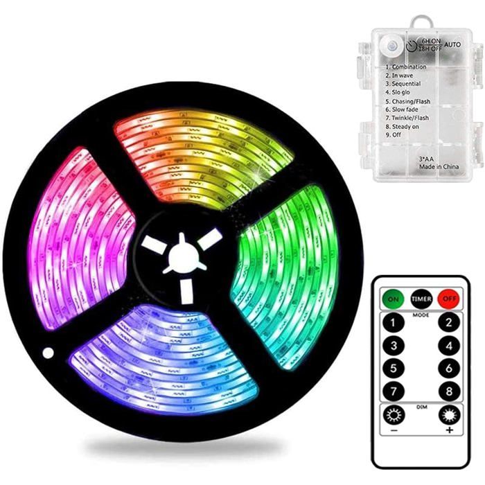 Bande LED RGB de 3 m alimentée par batterie avec télécommande adhésive flexible et étanche pour éclairage intérieur et extérieur