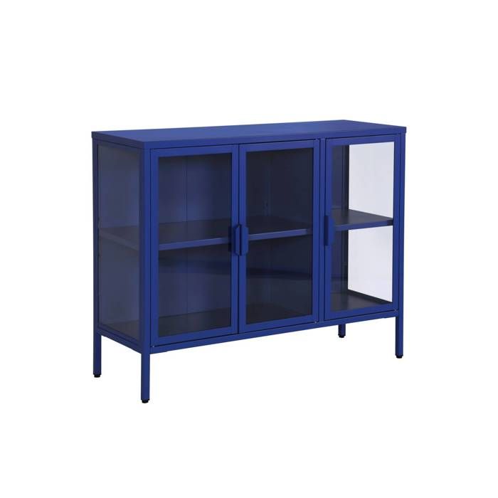 Buffet industriel métal et verre trempé 3 portes 100cm bleu - Arkansas