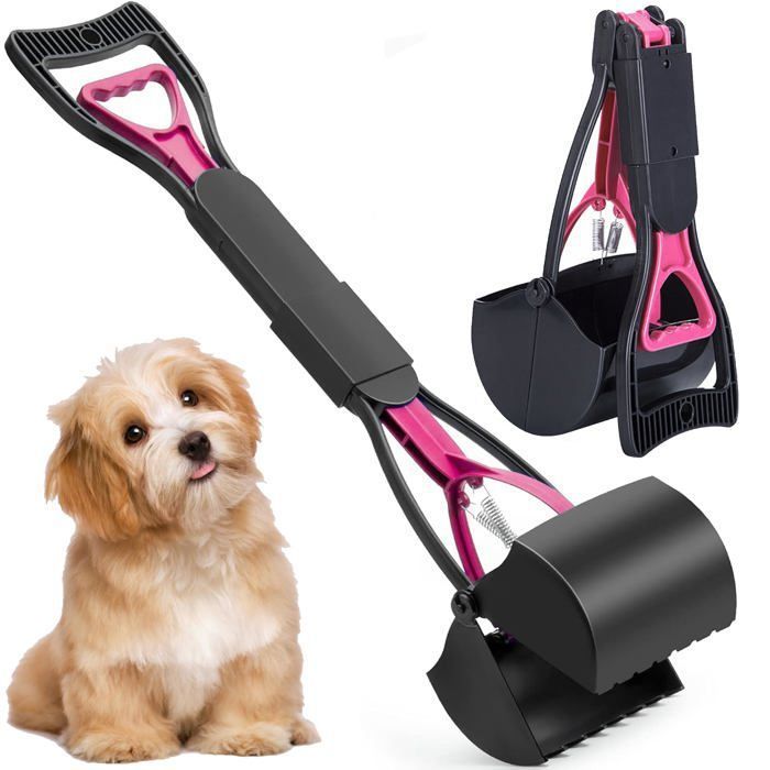 Ramasse-crottes 60 cm avec long manche solide et pince dentelée pliable pour ramasser les déjections des chiens et chats (rose)