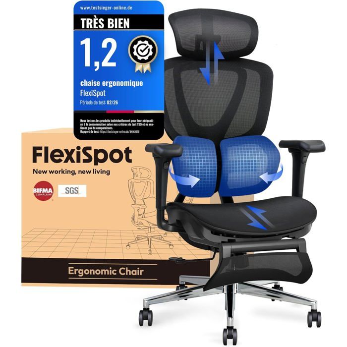 FlexiSpot C5 Chaise Ergonomique avec Repose-Pieds Chaise Bureau avec Support Lombaire Appui-tête 3D Dossier Inclinable Noir