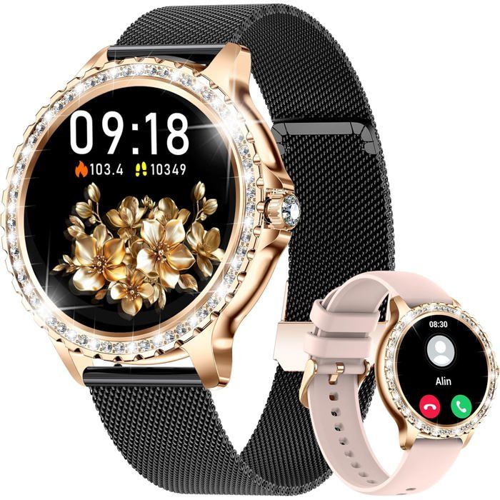 Montre Connectée Femme Bluetooth Appels Pour Android Ios 1 32 Hd Full Touch Screen Smartwatch Diamant Maille Noir Fréquence[YS181]