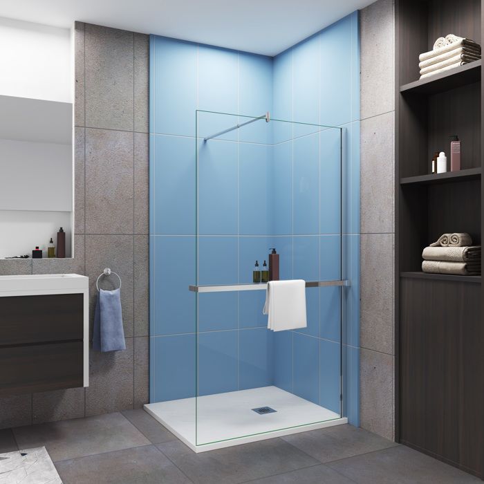 Paroi de douche italienne 100x200 cm + verre 8mm anticalcaire + barre extensible 70-120 cm + étagère de Douche alu 100 cm