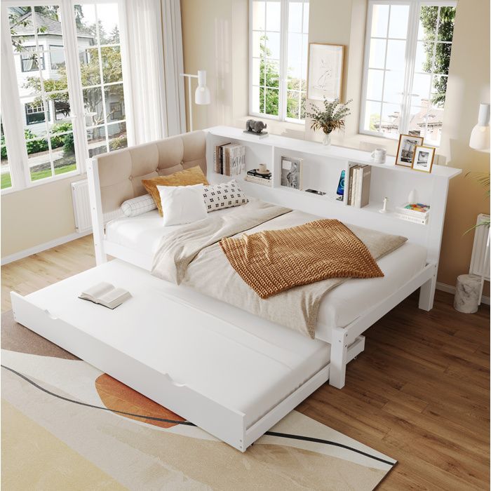 Lit banquette gigogne 90x190/200 cm. avec LED. tête de lit capitonnée. 3 étagères. sans matelas. pin. blanc