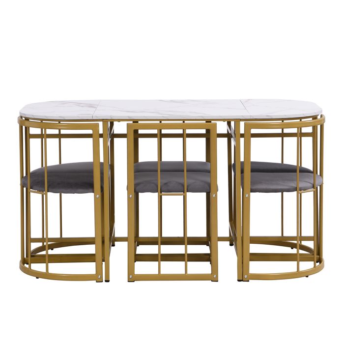 Feuille épaissie Ensemble de table à manger six chaises: (table à manger blanche chaise avec dossier et intérieur gris cadre en
