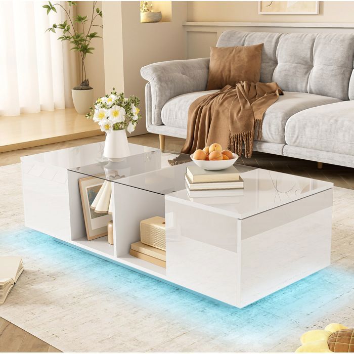 Table basse blanche L 120 x P 50 x H 38 5 cm LED 16 couleurs plateau verre rangement
