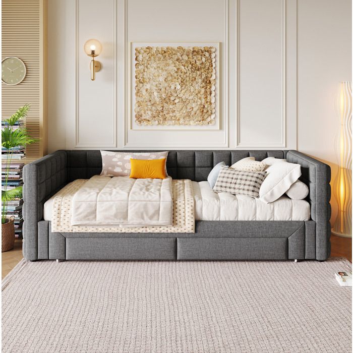 Lit gigogne 90x200 cm avec lit extensible et 2 tiroirs bois et métal en velours gris (Sans matelas)