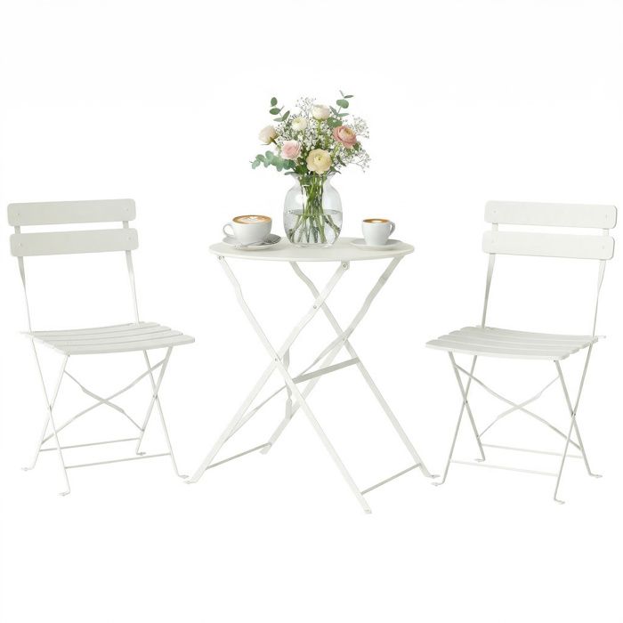 Ensemble bistrot de jardin - 3 pièces - table et 2 chaises pliantes à lattes san montage - métal -42x48x80cm - crème Ensemble bistrot de jardin - 3 pièces - table et 2 chaises pliantes à lattes san montage - métal -42x48x80cm - crème