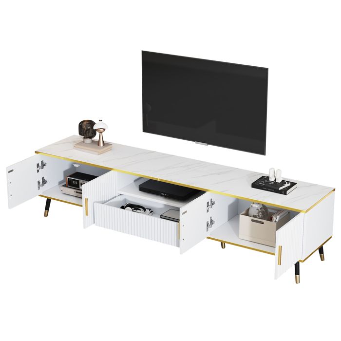 Meuble TV Bas Effet Marbre avec 3 Tiroirs et Passe-Câbles Design Moderne Écrans jusquà 90 Pouces Blanc 200x40x46 cm