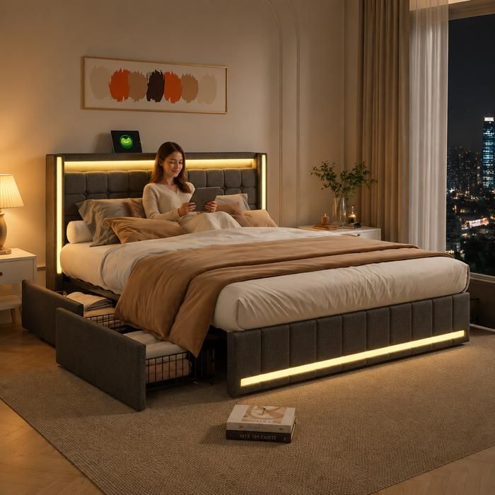 Lit 140x200 avec LED et USB lit double rembourré avec 4 Tiroirs et sommier à Lattes cadre de lit 140x190 pour adulte et ado Lin Gris
