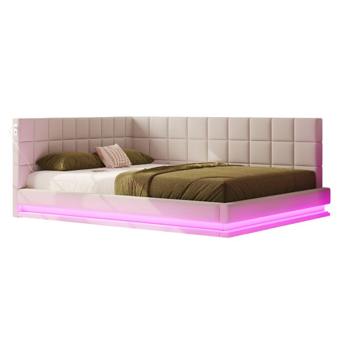 VLIVRA Lit Banquette Lit Double avec LED Réglable et USB 160×200 cm sans Matelas en Lin Beige