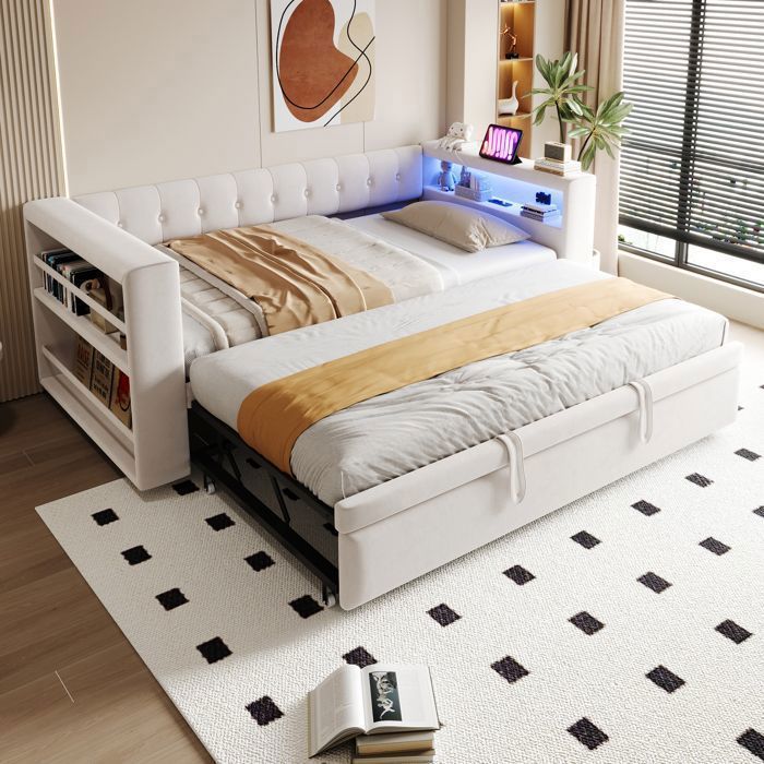 Lit Banquette Extensible - 90x190cm - avec Éclairage LED et Étagère Latéral - Velours Beige Capitonnée - Canapé-lit Intelligent