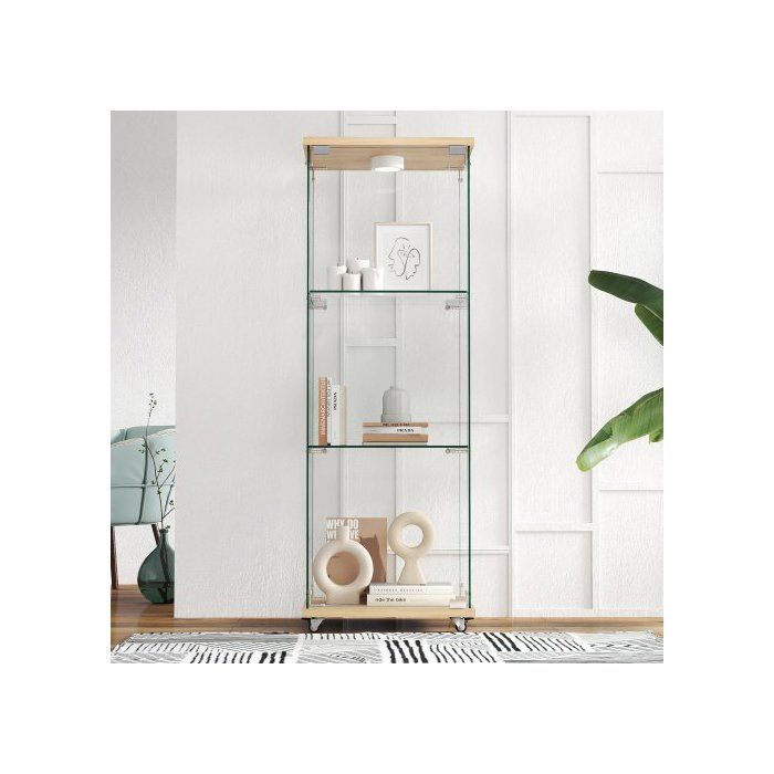 Vitrine moderne avec éclairage LED modèle à une porte et trois étagères aspect bois naturel - L 42.5×P 36.5×H 120cm