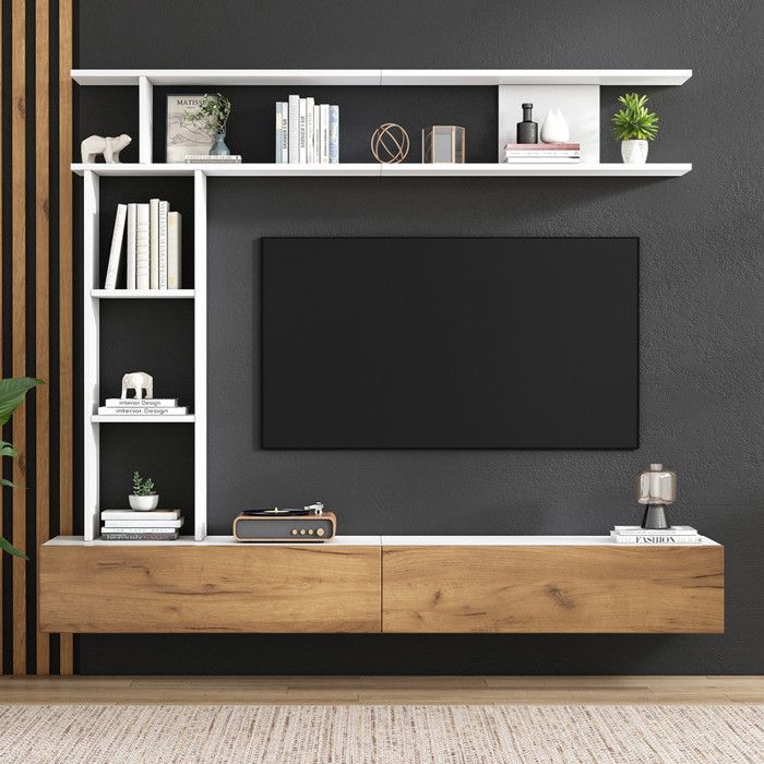 Meuble TV 180 x 35 x 225 cm avec vitrinesmeuble TV étagère sur pied et étagère muraleblanc et couleur bois pour TV jusquà 80