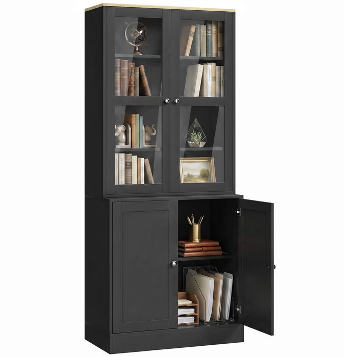 Bibliothèque - HOMCOM - 6 niveaux avec 4 portes dont 2 en verre trempé étagères réglables - MDF - 76x40x179cm - noir