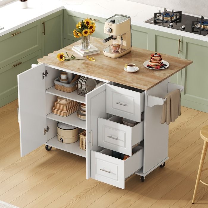 Îlot de cuisine extensible sur roulettes Chariot Desserte de cuisine avec plan de travail rabattable 3 tiroirs 2 portes - blanc