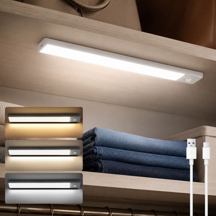 Réglette LED sous meuble détecteur de mouvement 20 cm lampe placard rechargeable USB 3 températures de couleur