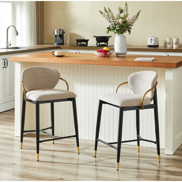 WOVREO Lot de 2 tabourets de bar en chenille marron clair noir et or avec dossier et repose-pieds