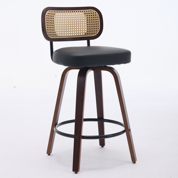 Lot 3 tabourets de bar URTR 26 pivotants dossier osier assise PU noir rembourrée fin noyer adapté îlot cuisine & comptoir
