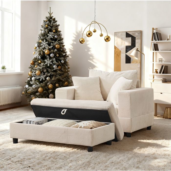 WOVREO Méridienne 1 place avec repose-pieds coffre 3 coussins tissu côtelé beige métal et bois
