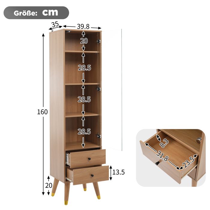 HOMVRA Vitrine haute 39 8 x 35 x 160 cm avec porte vitrée 3 étagères réglables et 2 tiroirs aspect bois