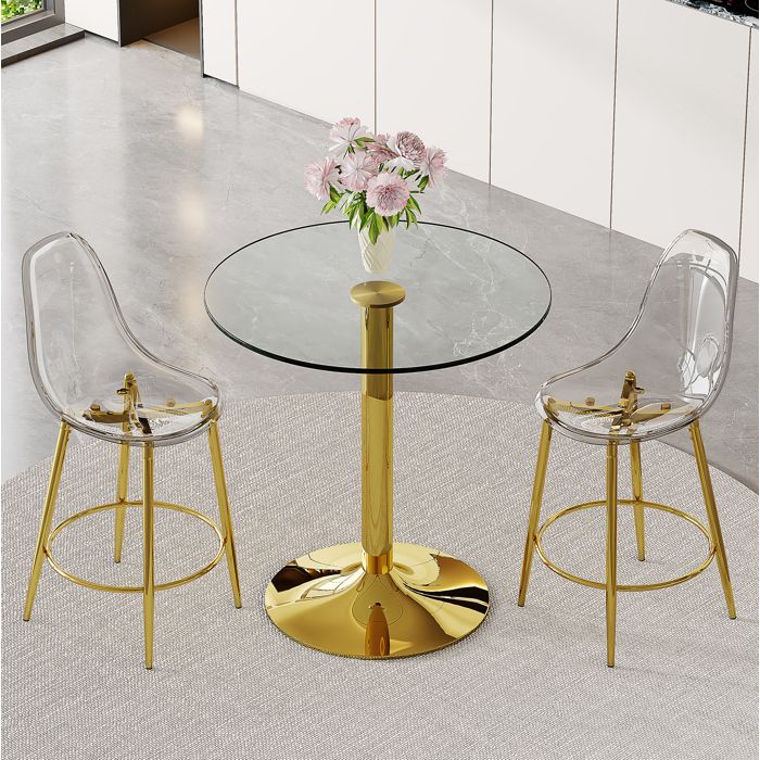 Ensemble table et chaises de bar avec Table Ronde et 2 Tabourets Transparents - UVRION - Verre et Métal - Or