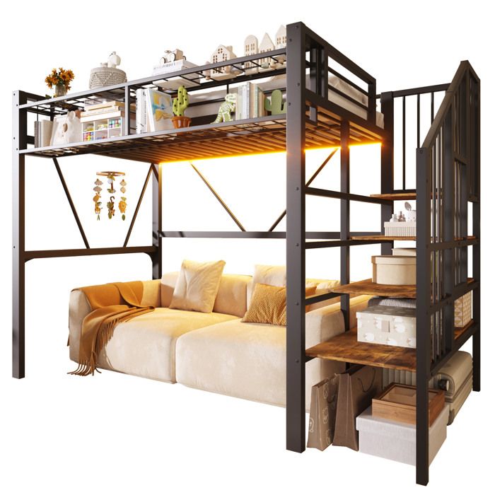 ELVORIN lit mezzanine 90 x 200 cm en metal et MDF avec escalier de rangement LED integree noir