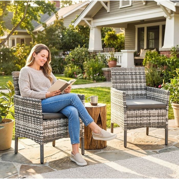 Fauteuil de Jardin Lot de 2 avec Coussins de 5 cm et Accoudoirs - ELVMI - en Résine Tressée Grise 58 × 62 × 87 cm