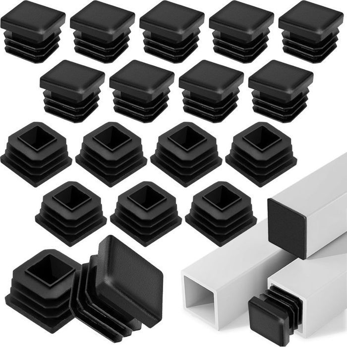 20pcs Embout de tube carré - Protection pied meuble Plastique noir - Chaise table et meuble - 25x25 mm