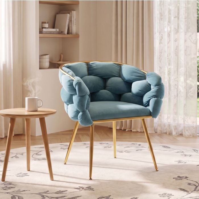 Fauteuil dappoint moderne en velours bleu avec accoudoirs pieds en métal doré chaise coiffeuse 58x59x75 cm