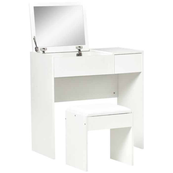 FSX Coiffeuse Maquillage Miroir Pliable Tabouret Rangement 4 Cases MDF 80x40x79cm Blanc