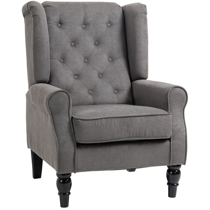ELVORIN Fauteuil bergère 1 place 74 x 86 x 102 cm polyester gris foncé dossier capitonné pieds en bois noir