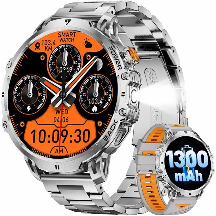 Montre Connectée Homme Montre Sport avec 1300mAh/1 85 HD Grand Écran/LED Lampe Moniteur de Fréquence Cardiaque et Sommeil
