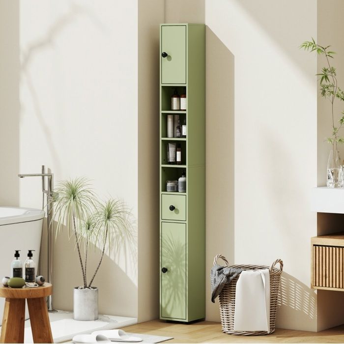 Meuble colonne salle de bains pour petits espaces tiroir et 4 compartiments ouverts 20 x 20 x 180 cm vert