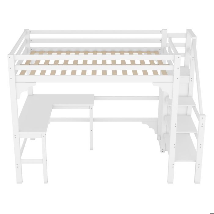 Lit surélevé blanc 140 x 200 cm en pin et MDF avec bureau en L placard ouvert et escalier de rangement