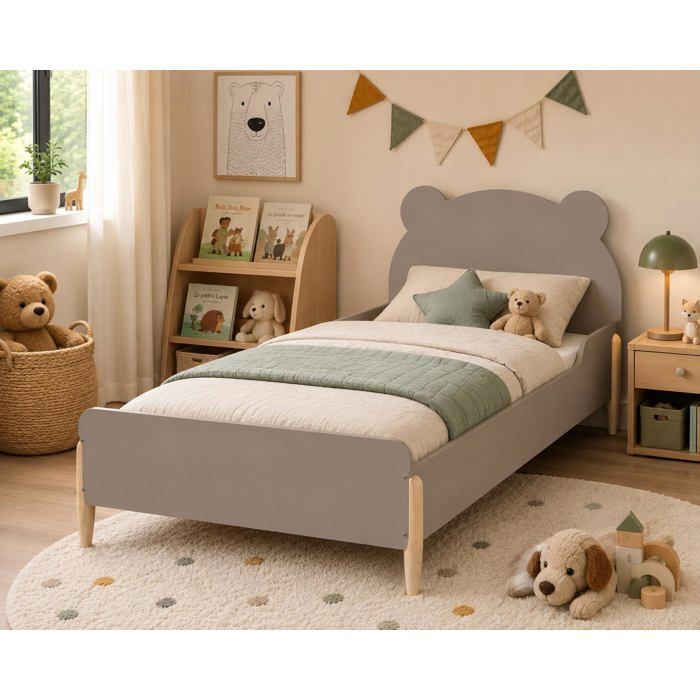 Lit Enfant Ourson Beige 90x190 cm avec Sommier Inclus Tête de lit en forme dours Pieds en bois naturel Pour enfants Lit Enfant Ourson Beige 90x190 cm avec Sommier Inclus Tête de lit en forme dours Pieds en bois naturel Pour enfants