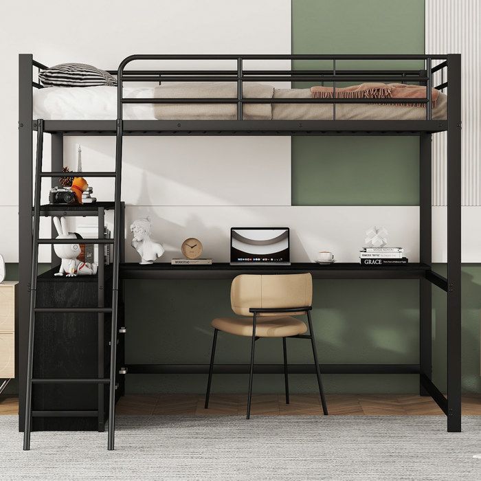 Lit mezzanine 140x200 avec bureau en L cadre métal noir robuste 150kg lit surélevé adulte avec 4 tiroirs gain de place.