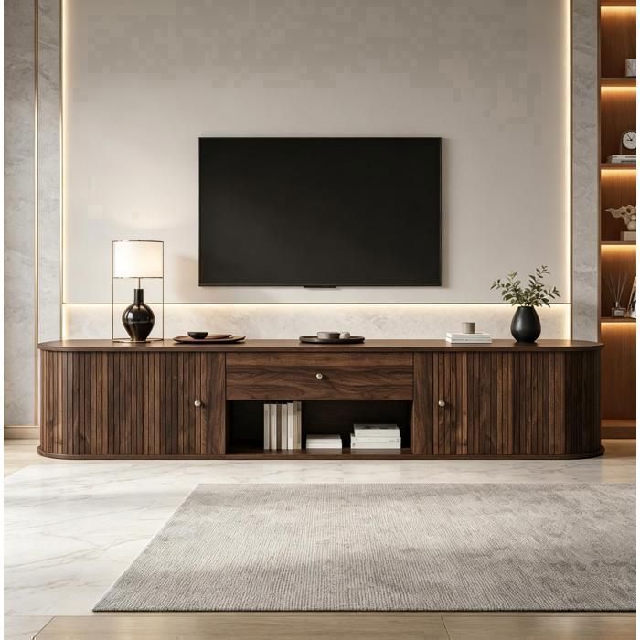 ROVRYN Meuble TV bas 180 cm aspect noyer 2 portes roulantes 1 tiroir et niche ouverte